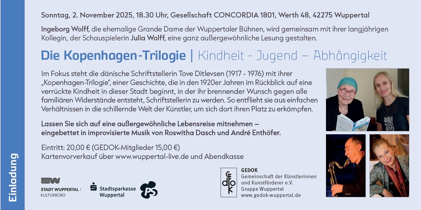kopenhagen triologie kindheit jugend abhängigeit gedok wuppertal lesung konzert mit igeborg wolff julia wolff in gesellschaft concordia 02.11.2025